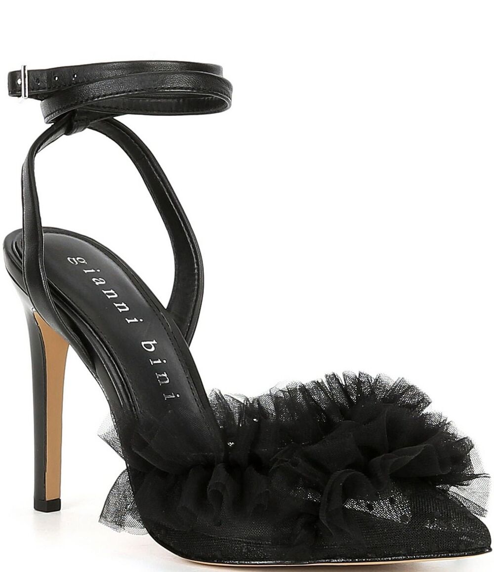 Gianni Bini Black Tulle Ruffle Pointed Toe Ankle Strap Stiletto Heels Size 8.5